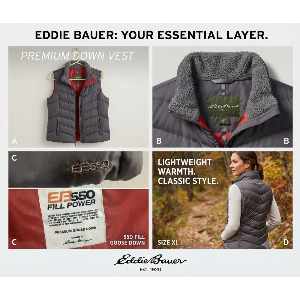 Eddie Bauer EB550 Premium Goose Down‎ Vest Gray Red Sherpa Collar Puffer  XL